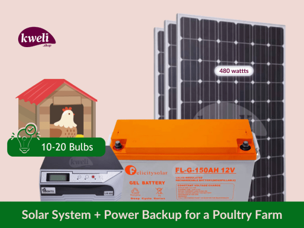 Kweli 480W-1.8kWh-400VA Solar System & Power Power Backup for a Poultry Farm upto 20 Bulbs; Light up for 14-28 hours