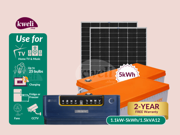 Kweli 1.1kw-5kWh-1.5kVA Hybrid Solar System & Power Backup Solution - Gel; Complete Solar System to Power 25 Bulbs, Fridge, TV, Home Theater, Fan, CCTV, Laptop and Phone Charging, Internet Router