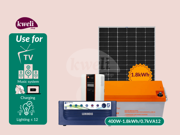 Kweli 400W-1.8kWh-0.7kVA12V Complete Solar System - Gel; 400-watt Solar System to power upto 12 Bulbs, Woofer(Music), TV, Laptop and Phone Charging for 6-12 hours