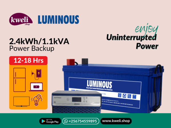 Kweli 2.4kWh-1.1kVA-LSMF Power Backup System; Run 10-15 bulbs, TV, Small Fridge, Phone & Laptop charging for up to 18 hours