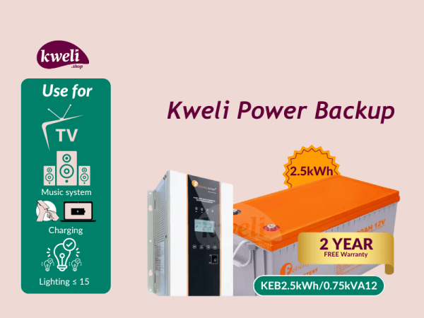 Kweli 2.5kWh-750VA-GEL Power Backup System; Run 10-15 Bulbs, TV, Fan, DC Iron, Phone & Laptop Charging for up to 24 Hours