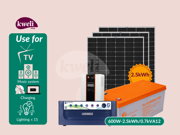 Kweli 600W-2.5kWh-0.7kVA12V Complete Solar System - Gel; 600-watt Solar System to power upto 15 Bulbs, Woofer(Music), TV, Laptop and Phone Charging for 8-12 hours