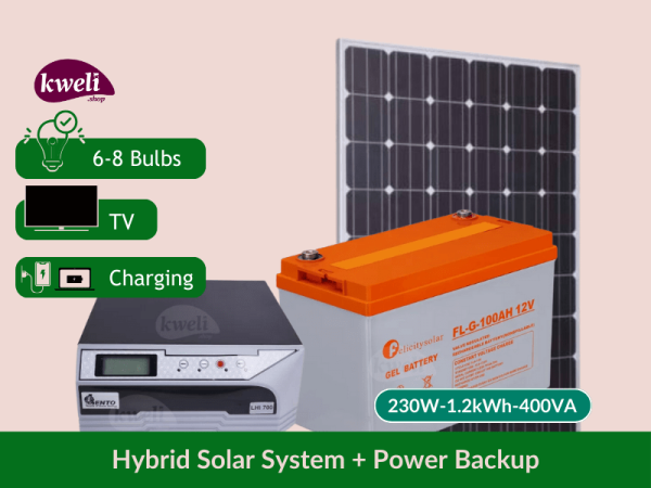 Kweli 230W-1.2kWh-400VA Complete Solar System & Power Backup; Power upto 8 Bulbs, TV, Laptop and Phone Charging for 8-12 hours, 230-watt Complete System