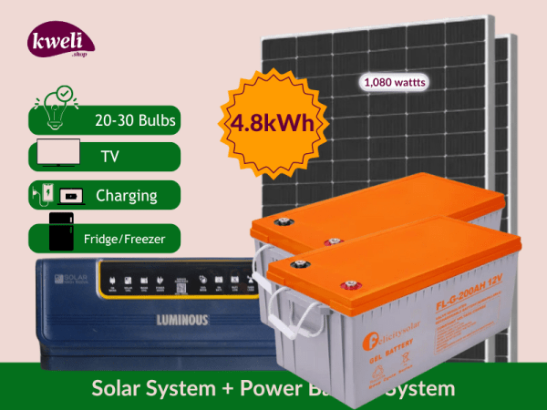 Kweli 1.1kw-5kWh-1.5kVA Hybrid Solar System & Power Backup Solution - Gel; Complete Solar System to Power 25 Bulbs, Fridge, TV, Home Theater, Fan, Laptop and Phone Charging, Internet Router