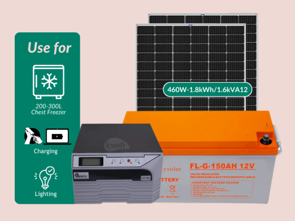 Kweli 460W-1.8kWh-1.6kVA Hybrid Solar System & Power Backup Solution; Power your Freezer, Laptop Charging, Phone Charging and Lighting