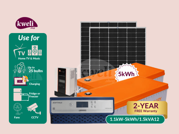 Kweli 1.1kWpv-5kWh-1.5kVA Hybrid Solar System & Power Backup Solution - Gel; Complete Solar System to Power 25 Bulbs, Fridge, TV, Home Theater, Fan, CCTV, Laptop and Phone Charging, Internet Router
