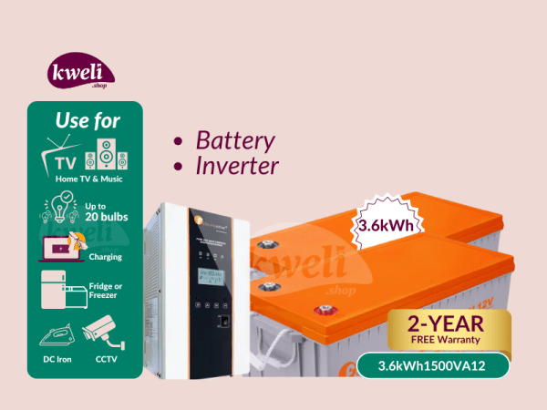 Kweli 3.6kWh1500VA12-GEL Power Backup System; Run up to 20 Bulbs, TV, Fan, DC Iron, Fridge, Phone & Laptop Charging for up to 18 Hours