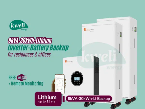 Kweli Energy 8kVA-30kWh Lithium Battery-Inverter Backup System; Automatic Switchover, FREE Remote Monitoring via WiFi, Charge with Grid/UEDCL, Generator or Solar Inverter-Battery Backup