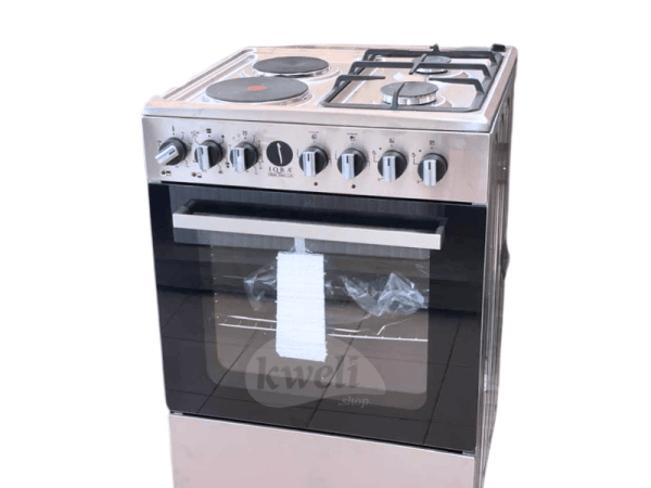 IQRA 60cm x60cm Cooker IQ-FC6022-SS; 2 Gas Burners + 2 Electric Hot Plates, Electric Oven and Grill, Timer, Cast Iron Pan Support