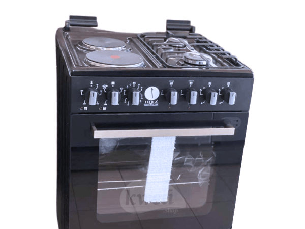 IQRA 60cmX60cm Cooker IQ-FC6022-BLK; 2 Gas Burners + 2 Electric Plates, Electric Oven and Grill, Timer, Glass Lid, Enamel Pan Support, Black