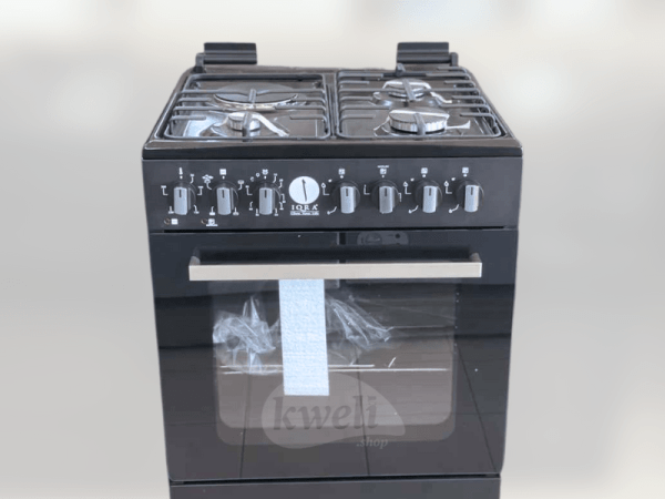 IQRA 60cmX60cm Cooker IQ-FC6031-BLK; 3 Gas Burners + 1 Electric Plate, Electric Oven and Grill, Timer, Glass Lid, Enamel Pan Support, Black