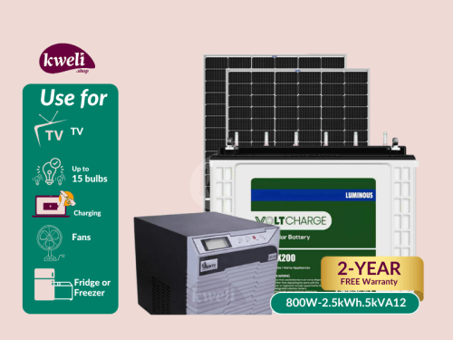 Kweli Energy 800W-2.5kWh-1.6kVA12V Hybrid Solar System & Power Backup System; Run upto 15 Bulbs, Fridge, TV, Laptop and Phone Charging for 8-12 hours Complete Solar Systems