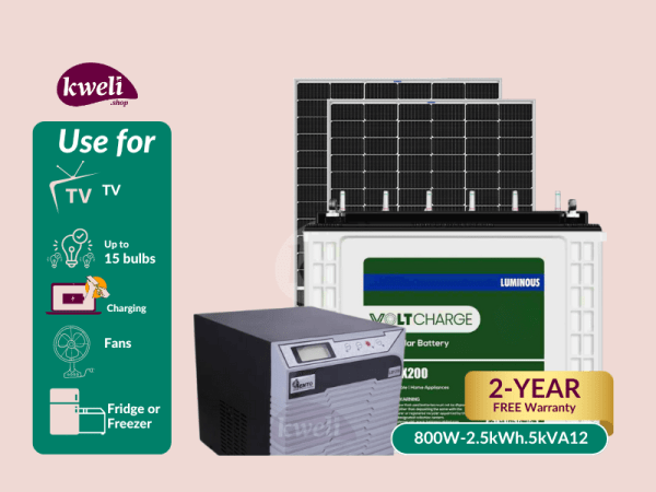 Kweli 800W-2.5kWh-1.6kVA12V Hybrid Solar System & Power Backup System; Run upto 15 Bulbs, Fridge, TV, Laptop and Phone Charging for 8-12 hours