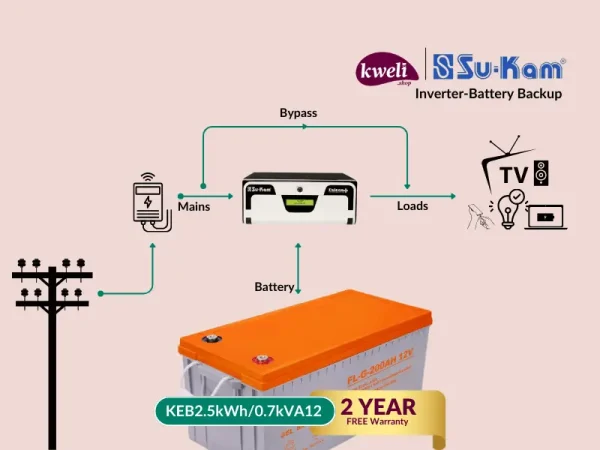 Kweli-Su-kam 2.5kWh-700VA-GEL Power Backup System; Run 10-15 Bulbs, TV, Fan, DC Iron, Phone & Laptop Charging for up to 24 Hours