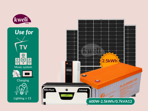 Kweli 600W-2.5kWh-700VA12V OffGrid Solar System & Power Backup Solution; Run upto 15 Bulbs, TV, Laptop and Phone Charging