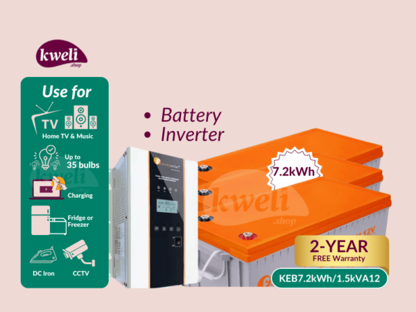 Kweli 7.2 kWh1500VA12-GEL Power Backup System; Run up to 35 Bulbs, TV, Fan, DC Iron, Fridge, Charging for up to 24 Hours