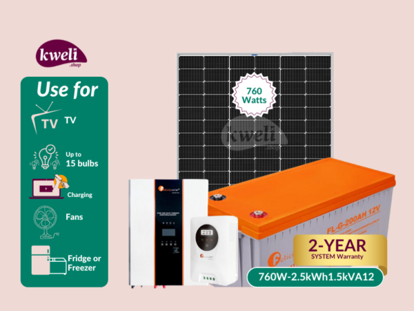 Kweli 760Wpv-2.5kWh-1.5kVA12V Offgrid Solar System for Home; Run upto 15 Bulbs, Fridge, TV, Laptop and Phone Charging