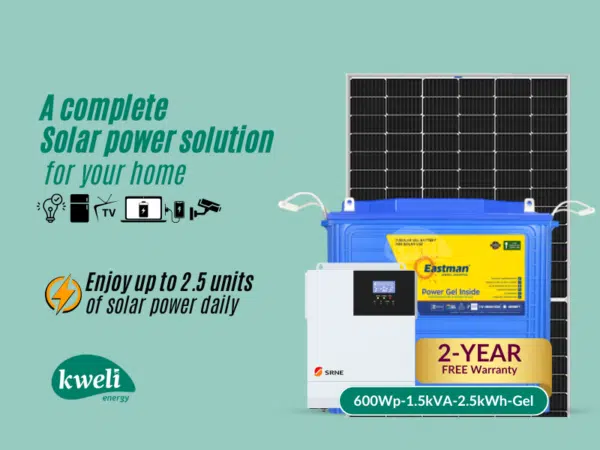 Kweli Energy 600W-2.5kWh-1500VA12V Hybrid Solar System & Power Backup Solution; Run a fridge/freezer, upto 15 Bulbs, TV, Laptop and Phone Charging Complete Solar Systems