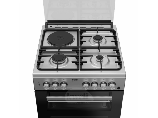 Beko 60x60cm Cooker FDF63110DXDSL; 3 Gas + 1 Electric Plate, Double Electric Oven + Grill, Fan Assisted, Cast Iron Pan Supports, Flame Failure Device, Pizza Tray, Inox Finish