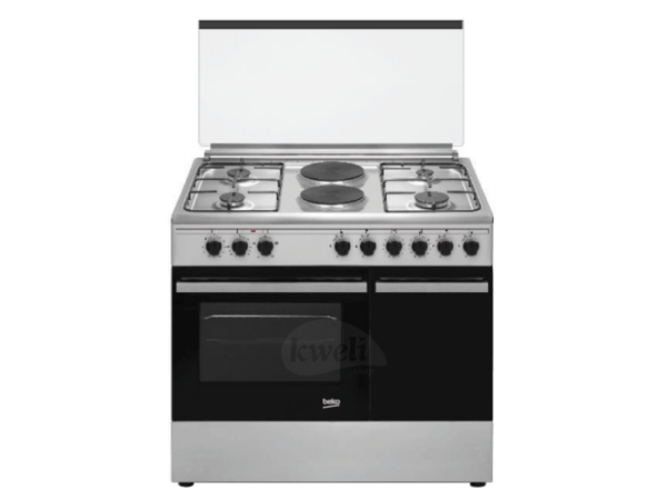 Beko 90cm Cooker BGES901; 4 Gas Burners, 2 Electric Plates, Electric Oven with Fan, Gas Cylinder Compartment, Rotisserie, Cast Iron Pan Supports, Double Glass Door, Stainless Steel Finish