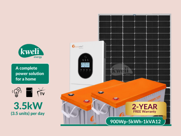 Kweli Energy 900Wp-1kW-5kWh-Gel Hybrid Solar System & Power Backup Solution ; Complete Solar System to Power 20 Bulbs, Fridge, TV, Fan, CCTV, Laptop and Phone Charging, Internet Router