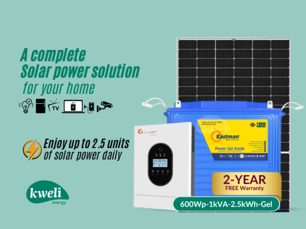 Kweli Energy 600Wp-1kW-2.5kWh Gel Hybrid Solar System for a Home; Run upto 15 Bulbs, Fridge, TV, Laptop and Phone Charging Complete Solar Systems