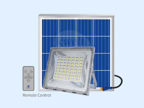 Blue Carbon 60W 5000-Lumen LED Solar Flood Light WaWa Light 6.0; 120W Solar Panel, 65Ah Lithium Battery, IP65 Waterproof, Auto Dusk-to-Dawn Operation, Remote Control Solar Flood Lights