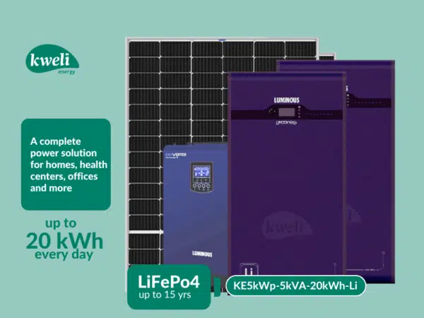 Kweli Energy 5kWp-5kVA-20kWh Lithium Hybrid Solar System; Complete Solar Power Backup System for home, hospital, office and more