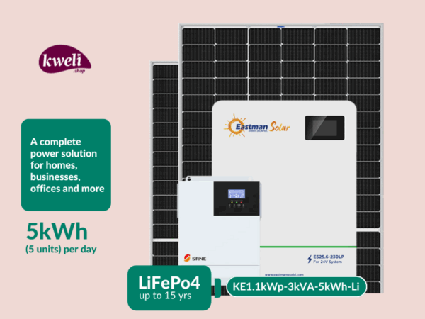 Kweli Energy 1.1kWp3kVA5kWh-Lithium Hybrid Solar System with WiFi Remote Monitoring; Complete Solar System for home or office
