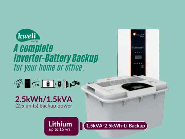 Kweli Energy 1.5kVA-2.5kWh-Lithium Battery-Inverter Power Backup System; Durable Backup, Charge with Umeme/UEDCL or Generator,  Store upto 2.5 Units of Power Inverter-Battery Backup