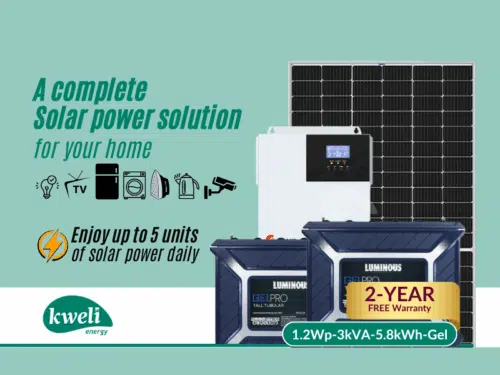 Kweli Energy 1.2kWp3kVA5.8kWh-Gel Hybrid Solar System; Enjoy up to 5 units of solar power daily – power your lights, washer, Iron , TV, fan, fridge, cameras… Complete Solar Systems Kweli Energy 1.2kWp3kVA5.8kWh-Gel Hybrid Solar System; Enjoy up to 5 units of solar power daily – power your lights, washer, Iron , TV, fan, fridge, cameras… Complete Solar Systems
