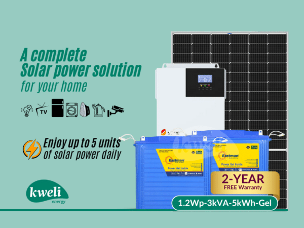 Kweli Energy 1.2kWp3kVA5kWh-Gel Hybrid Solar System; Enjoy up to 5 units of solar power daily – power your lights, washer, Iron , TV, fan, fridge, cameras Complete Solar Systems