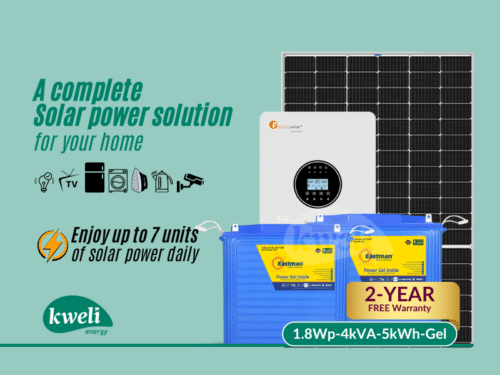 Kweli Energy 1.8kWp4kVA5kWh-Gel Smart Hybrid Solar System; Enjoy up to 7 units of solar power daily – power your lights, washer, Iron , TV, fan, fridge, cameras Complete Solar Systems