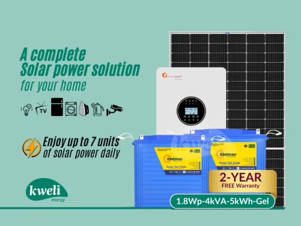 Kweli Energy 1.8kWp4kVA5kWh-Gel Smart Hybrid Solar System; Enjoy up to 7 units of solar power daily – power your lights, washer, Iron , TV, fan, fridge, cameras Complete Solar Systems