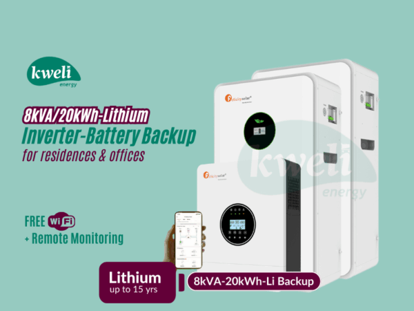 Kweli Energy 8kVA-20kWh Lithium Battery-Inverter Backup System; Automatic Switchover, FREE WiFi plus Remote Monitoring, Charge with Grid/UEDCL, Generator or Solar Inverter-Battery Backup