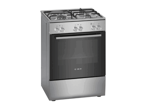 Bosch Series 2 Freestanding Dual Fuel Cooker HXA050F50S; 60cm, 3 Gas Burners + 1 Electric Hotplate, Electric Oven, Stainless Steel Finish, Flame Safety Cut-off Electric Ovens