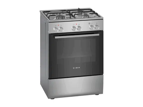 Bosch Series 2 Freestanding Dual Fuel Cooker HXA050F50S; 60cm, 3 Gas Burners + 1 Electric Hotplate, Electric Oven, Stainless Steel Finish, Flame Safety Cut-off Cookers