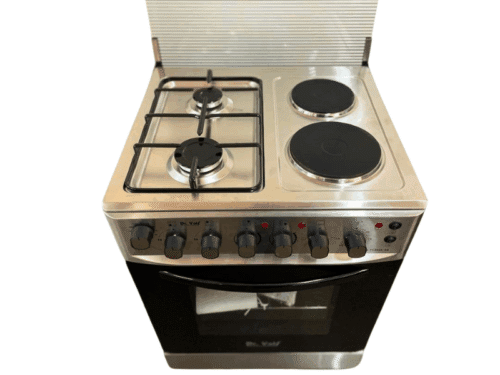 DR VOLT 60cm Gas & Electric Cooker IQ-FC6622SS; 2 Gas + 2 Hot Plates, Pulse Ignition, Enamelled Pan Support, 64L Oven with Lamp, Rotisserie & Thermostat Combo Cookers