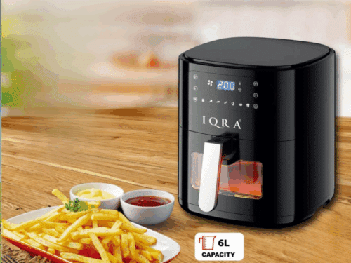 IQRA 6L Digital Air Fryer IQ-AF60D – Black; 1500W Power, Touchscreen Display, Up to 200°C Temperature, 60-Minute Timer, SS304 Heating Element, Circulation Technology, Overheating Protection Air Fryers Airfryers