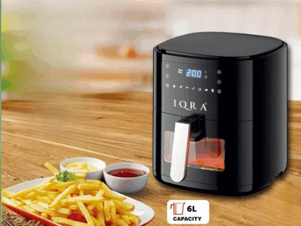 IQRA 6L Digital Air Fryer IQ-AF60D – Black; 1500W Power, Touchscreen Display, Up to 200°C Temperature, 60-Minute Timer, SS304 Heating Element, Circulation Technology, Overheating Protection Air Fryers Airfryers