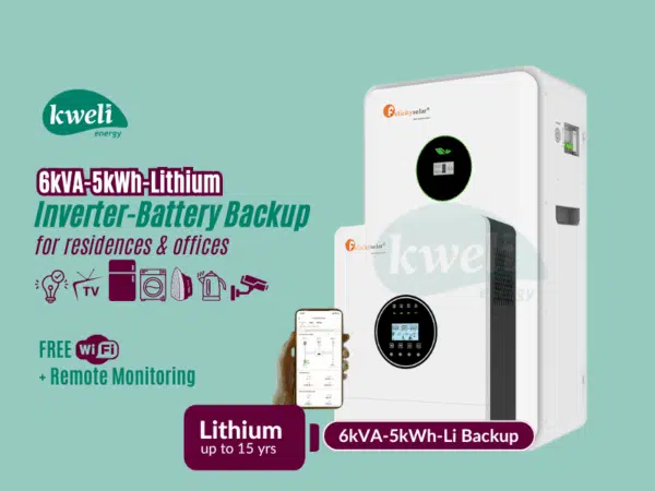 Kweli Energy 6kVA-5kWh Lithium Battery-Inverter Backup System; Automatic Switchover, FREE WiFi plus Remote Monitoring, Charge with Grid/UEDCL, Generator or Solar Inverter-Battery Backup