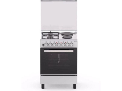 Hisense 60cm Freestanding Cooker HF622GEES; 2 Gas Burners, 2 Electric Hot Plates, 68L Electric Oven & Grill, Rotisserie, Auto Ignition, Flame Failure Safety, Silver Combo Cookers