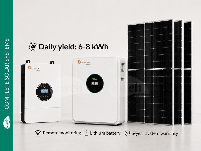 Kweli Energy 1.8kWp-5kWh-4kVA Complete Smart Hybrid Solar Power System; 6-8kWh Daily Yield, WiFi App Monitoring, Automatic Switchover - Kweli Energy 1.8kWp-5kWh-4kVA Complete Smart Hybrid Solar Power System; 6-8kWh Daily Yield, WiFi App Monitoring, Automatic Switchover