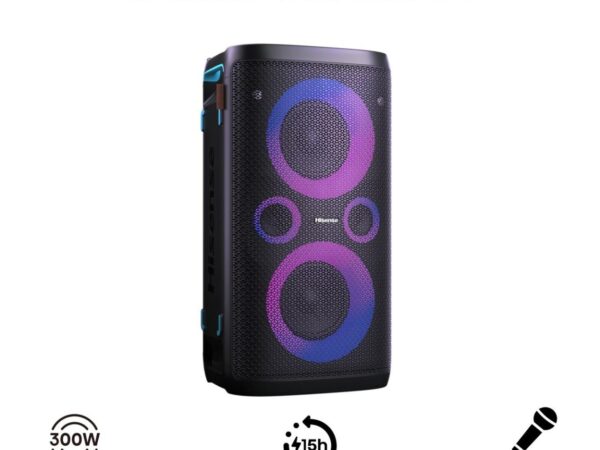 Hisense Party Rocker One; 300W Power, Portable Party Speaker, LED Light Show, Bluetooth 5.0, Karaoke Mode, USB, AUX, FM Radio Smart Audio Systems
