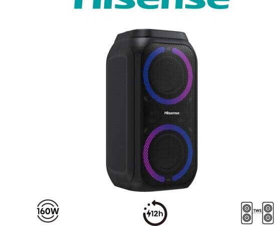 Hisense Party Rocker 160; 160W Power, Portable Party Speaker, LED Light Show, Bluetooth, Karaoke Mode, USB, AUX, FM Radio Home Audio