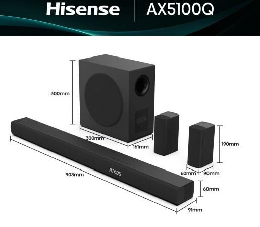 Hisense 5.1ch Soundbar AX5100Q; 580W Power, Wireless Subwoofer, Rear Speakers, Dolby Atmos, DTS:X, Bluetooth 5.3, HDMI eARC Sound & DVD