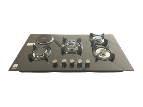 IQRA 90cm Built-In Hob IQ-KH5002EG; 4 Gas Burners + 1 Electric Plate, Glass Top, Pulse Ignition, Cast Iron Pan Supports, Jet Burner Built-in Hobs