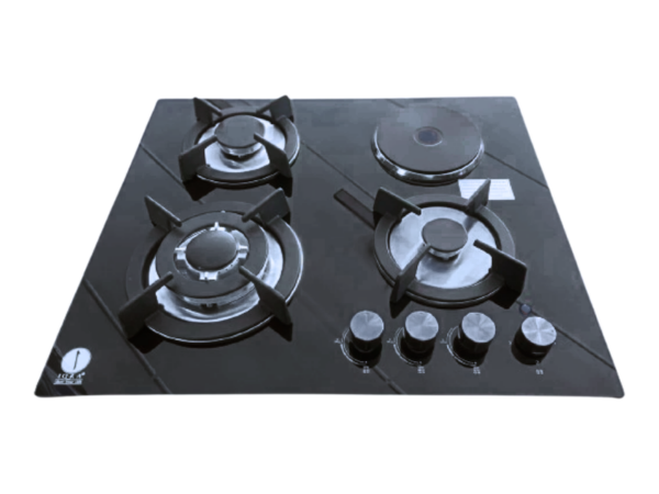 IQRA 60cm Built-In Hob IQ-KH4002EG; 3 Gas Burners + 1 Electric Hotplate, Tempered Glass Top, Auto Ignition, Cast Iron Pan Supports, Jet Burner Built-in Hobs