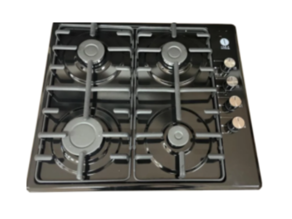 IQRA Built-In Gas Hob, 60cm, 4 Gas Burners-IQ-BH640BLK, Tempered Black Glass, Auto Ignition, Cast Iron Pan Supports, Wok Burner Built-in Hobs