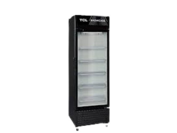 TCL 490L Showcase Display Chiller Refrigerator FLB490SCB; Single Door, Glass Door, LED Lighting, Wire Shelves, Movable Wheels, Black